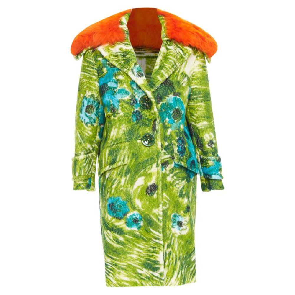 rare PRADA 2017 Runway alpaca wool green floral orange fur collar coat IT40 S